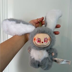 Gray & White Labubu Bunny Plush Keychain w Cute Heart nose and strawberry eyes